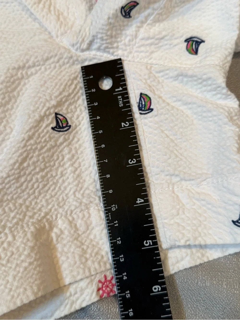 Lilly Pulitzer White Seersucker Shorts with Navy Sailboat & Pink Star Embroidery